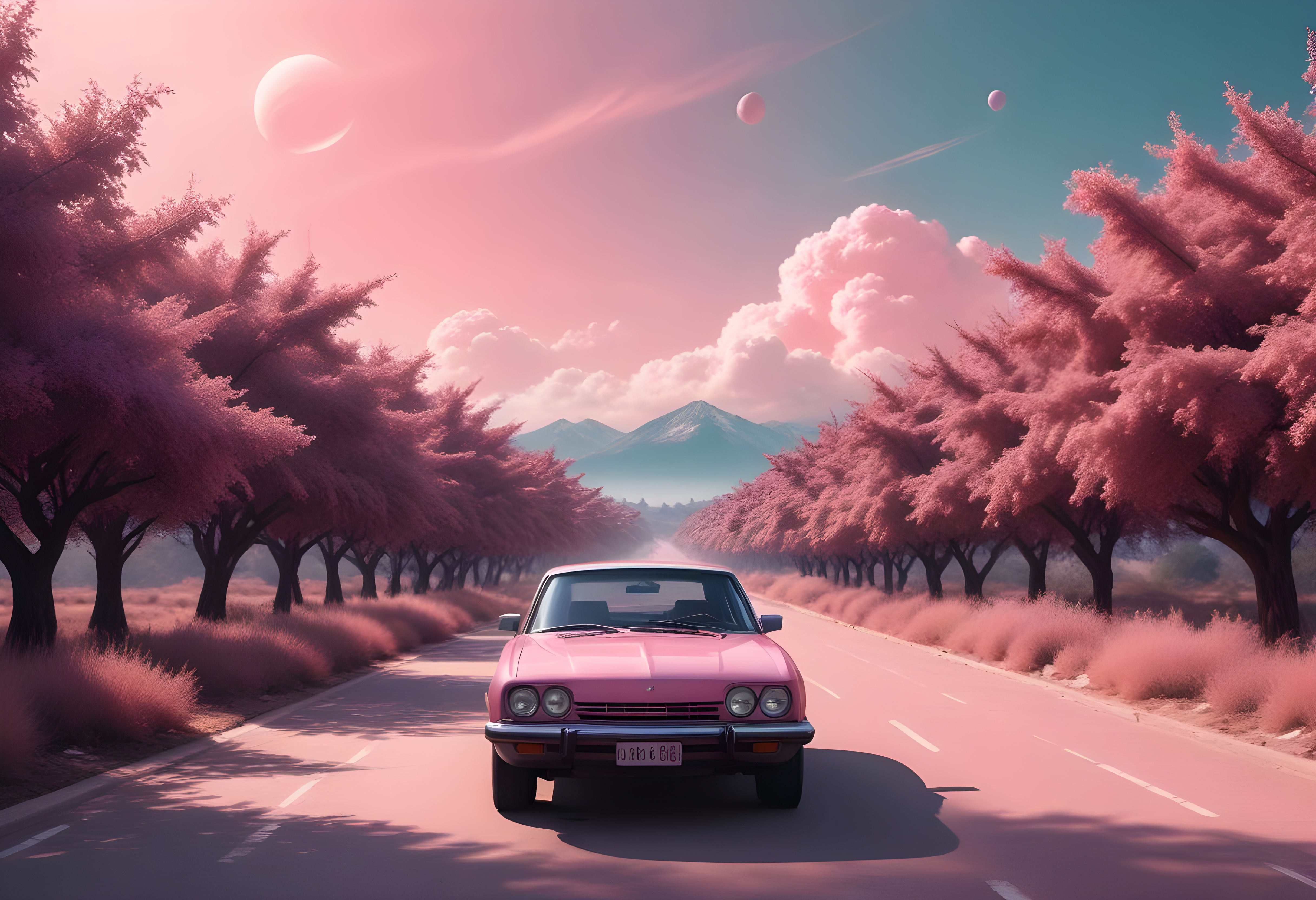 a-pink-car-driving-down-a-road-surrounded-by-trees